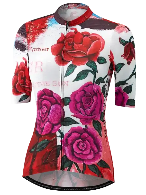 Women's cycling jersey with vibrant red and pink rose print, short sleeves, full zipper