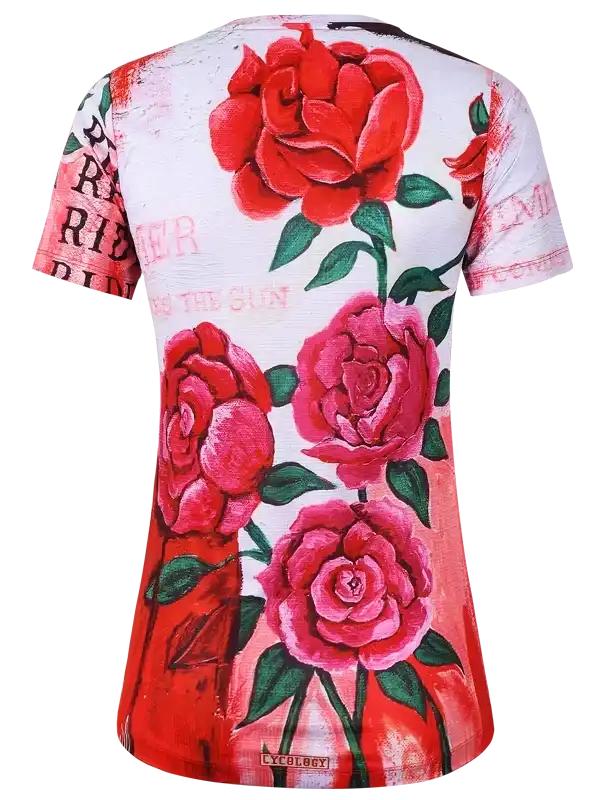 Women's cycling jersey with vibrant red rose print, floral design, and artistic text details for active wear.