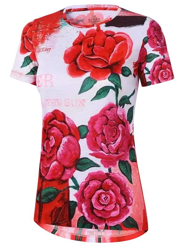 Women's cycling jersey with vibrant red rose print, floral design, short sleeves, and breathable fabric