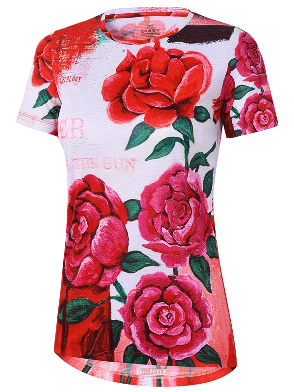 Women's Tech T-shirt with red and pink rose design on a white background