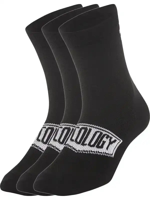Black cycling socks with white 'Cycology' logo, ideal for men's and women's bike rides