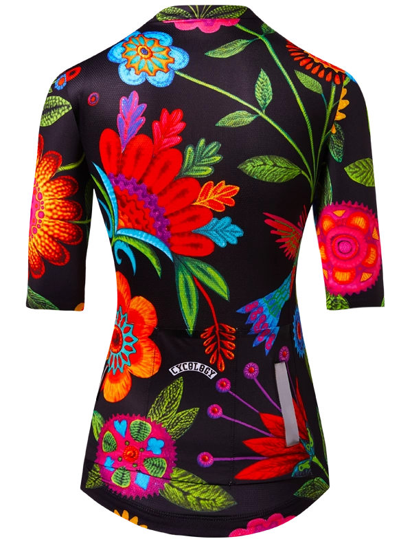 Colorful floral-patterned women's cycling jersey on a black background