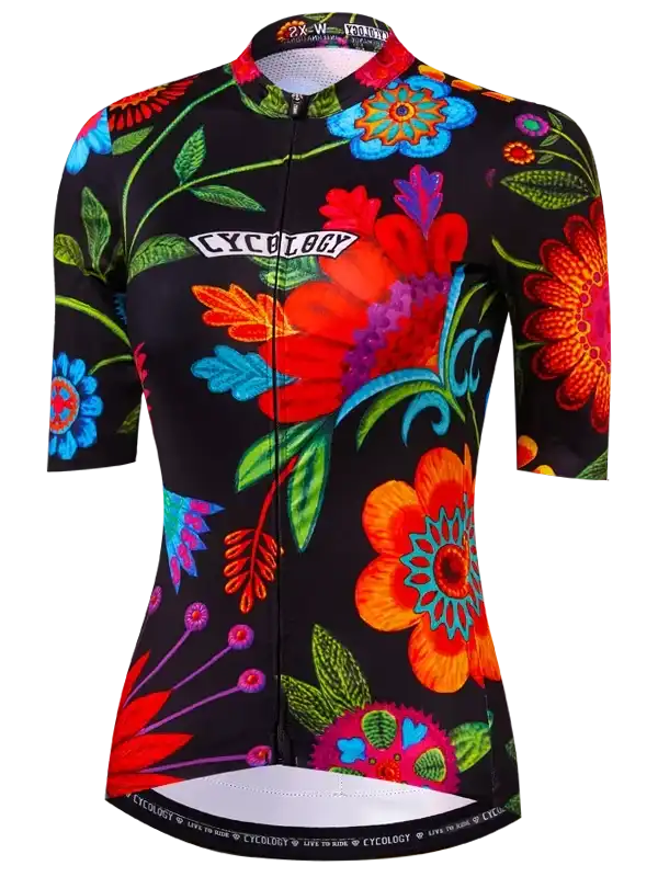 Women's cycling jersey with vibrant floral print, full zip, and performance fit for road biking