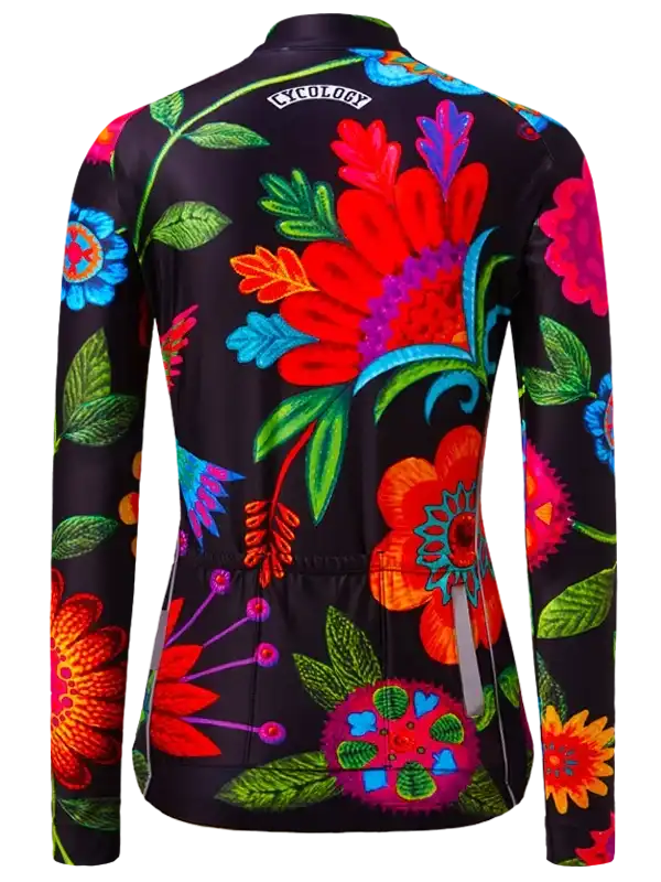 Vibrant floral cycling jersey with long sleeves, bold colors, and ergonomic design for women's bike rides