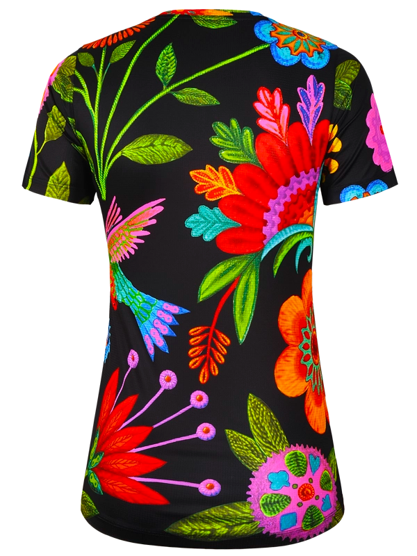 Women's Colorful  tech t-shirt with floral and bird design on a black background