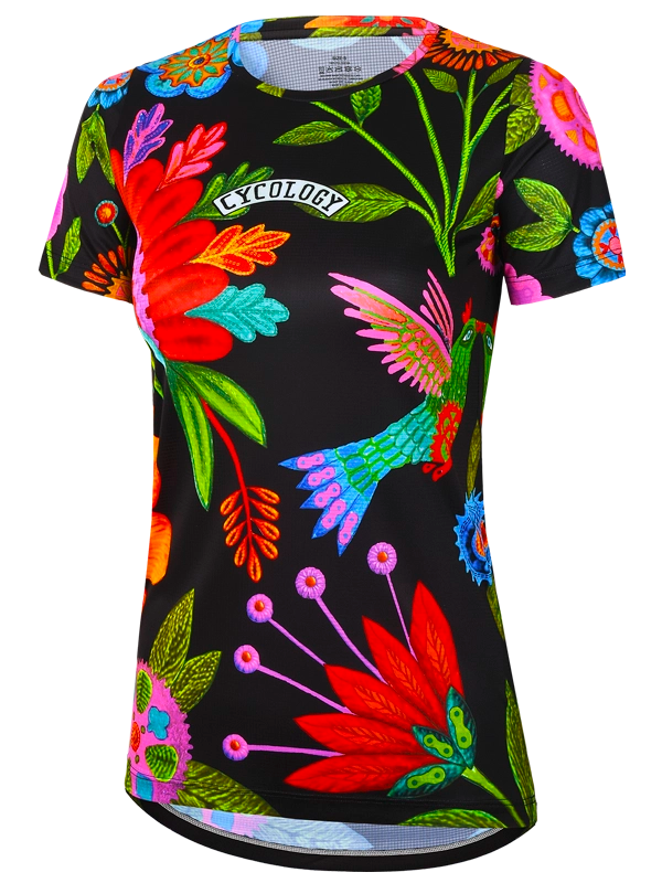Women's Colorful  tech t-shirt with floral and bird design on a black background