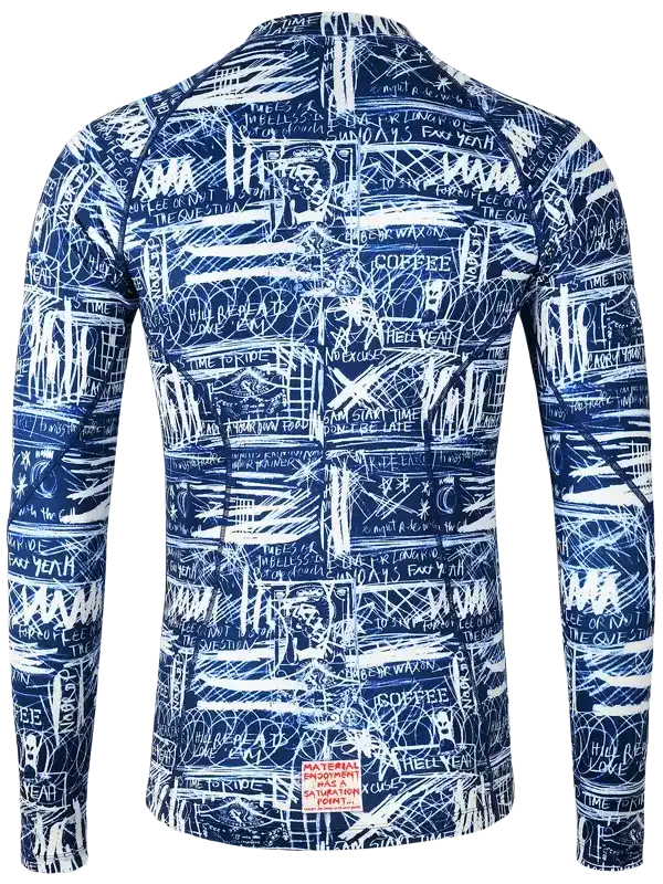 Men's long sleeve cycling jersey with bold blue and white graffiti-style print, ideal for road biking