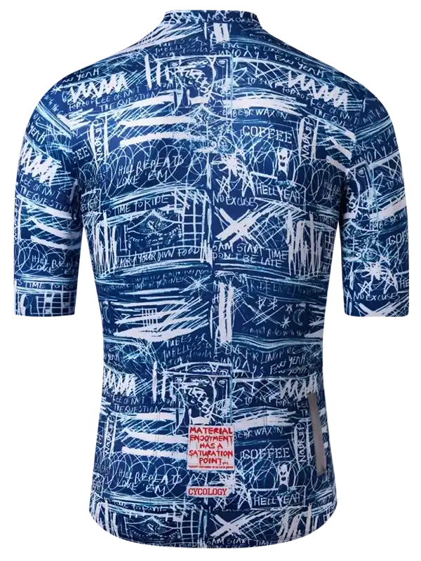 Men's cycling jersey with blue and white graffiti-style print, featuring motivational phrases and reflective details