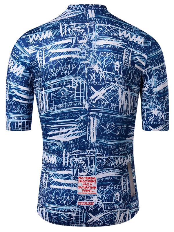 Blue and white men's short  sleeve patterned cycling jersey with visible branding