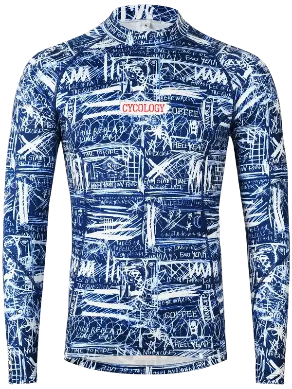 Blue long-sleeve cycling jersey with white graffiti-style graphics and 'CYCOLOGY' chest logo