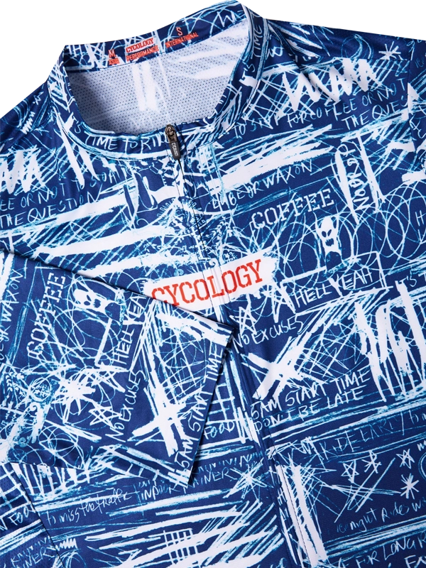 Blue and white patterned cycling jersey with 'Cycology' branding 
