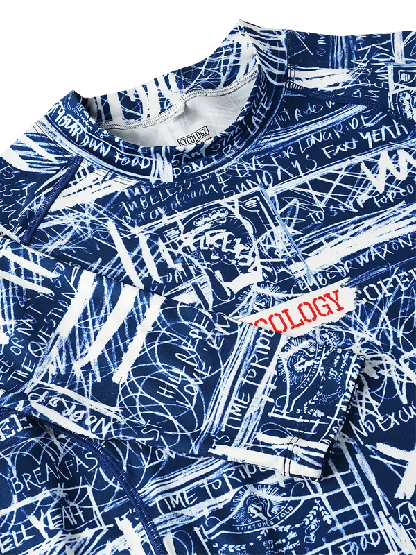 Long-sleeve cycling base layer with blue and white graphic design