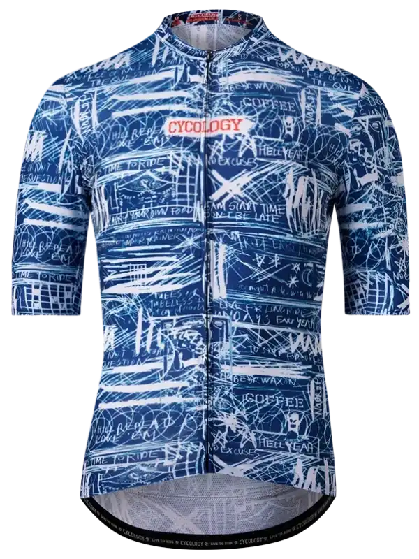Blue cycling jersey with white graffiti-style print and 'CYCOLOGY' logo, designed for men and women riders.
