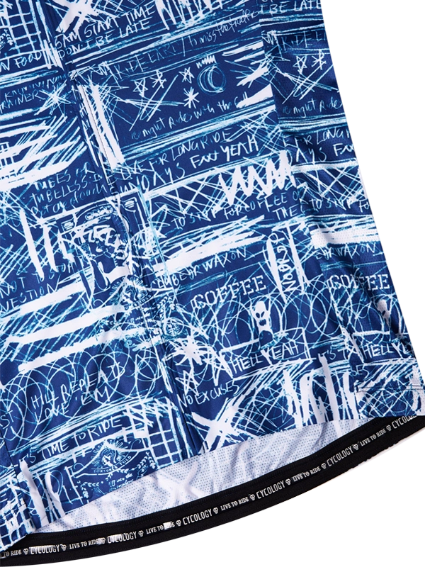 Blue and white patterned fabric with text and graphics