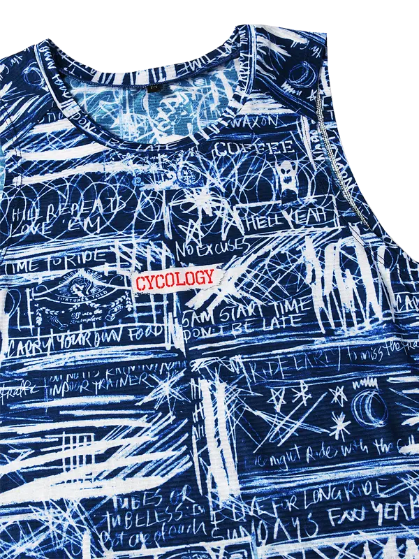 Blue sleeveless cycling base layer with white text and graphics
