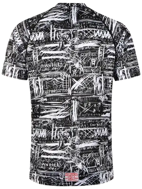 Men's cycling jersey with bold black-and-white graffiti-style print, featuring phrases like 'Down Hill' and 'Coffee'