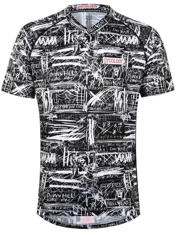Men's black and white graffiti-style cycling jersey with bold text graphics and short sleeves