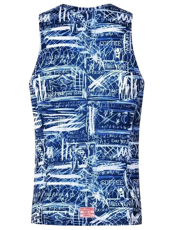 Blue cycling jersey with white graffiti-style print, featuring motivational phrases and bold designs for men's and women's rides.