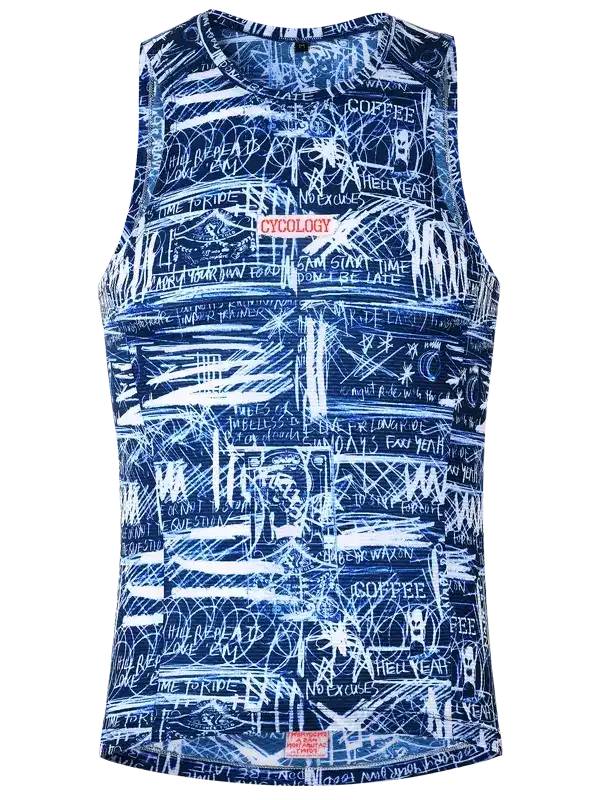 Blue cycling tank top with white graffiti-style graphics and motivational phrases for cyclists