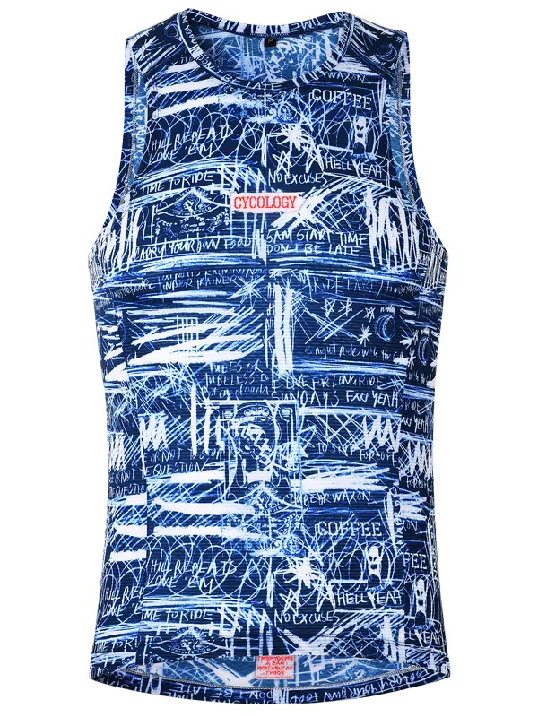Blue sleeveless cycling base layer with white text and graphics