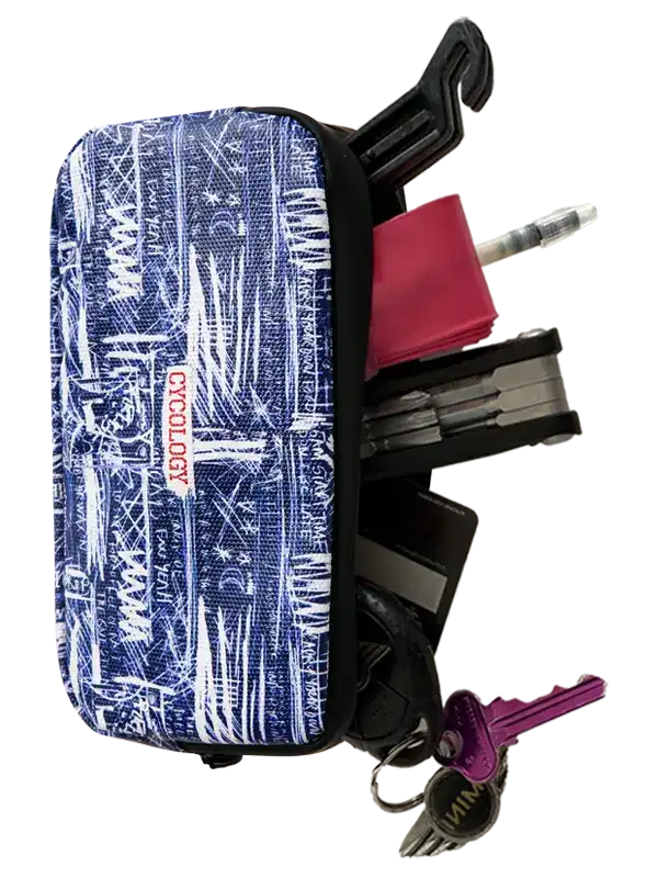 Cycology Brunswick Cycling Wallet with keys, cards, and accessories.