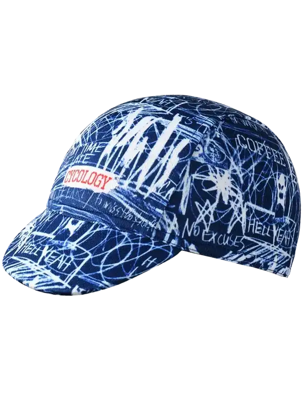 Blue cycling cap with white graffiti-style print and 'Cycology' logo, ideal for men's and women's bike rides.