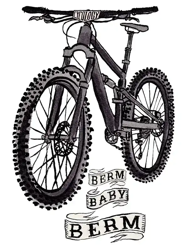Cycology mountain bike graphic with 'Berm Baby Berm' text, ideal for cycling apparel designs