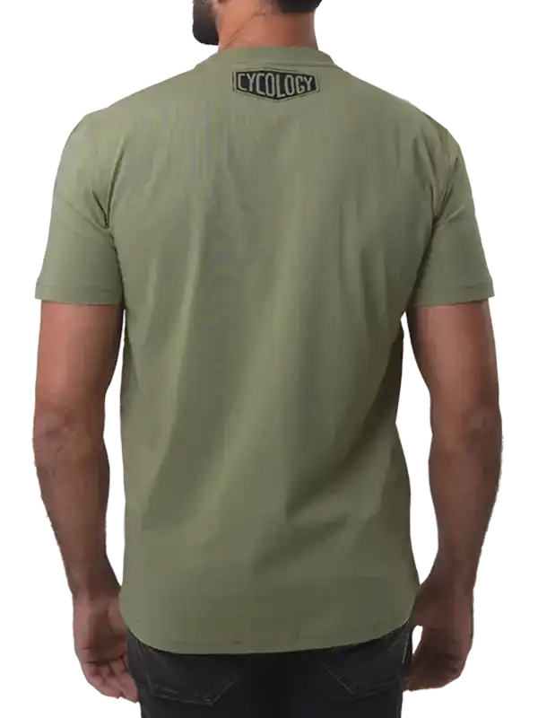 Olive green cycling t-shirt with 'CYCOLOGY' logo on back, designed for men's active wear.
