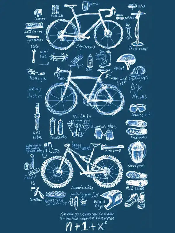 Cycling gear blueprint with road, mountain bikes, helmets, gloves, socks, and accessories on blue background
