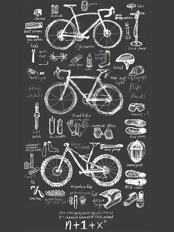 Cycling gear diagram with road, mountain bikes, helmets, bibs, gloves, and accessories on chalkboard style background