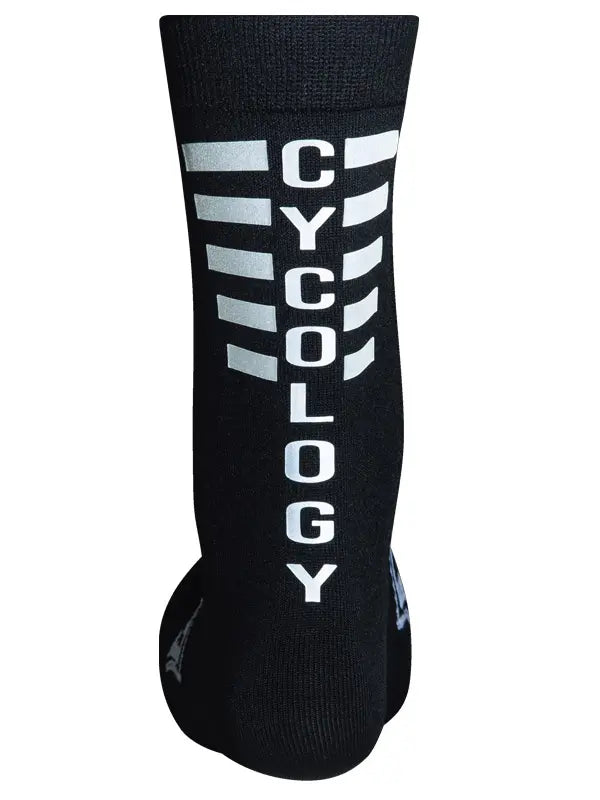 Black cycling sock with 'Cycology' reflective branding 