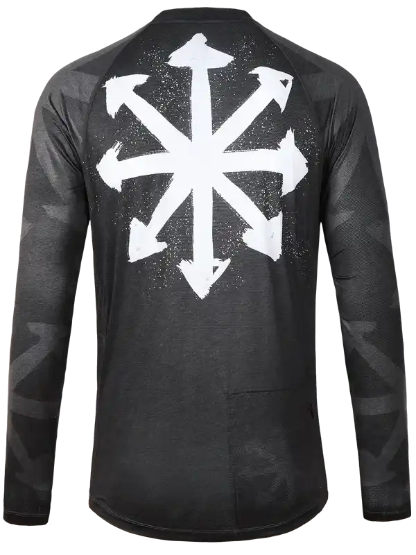 Men's black long sleeve cycling jersey with white starburst graphic design on back