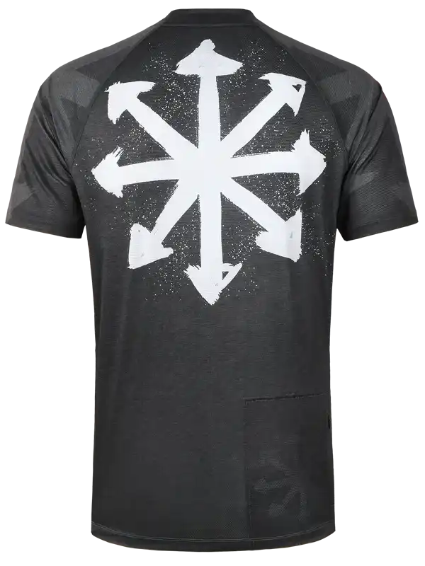 Black cycling jersey with bold white starburst graphic, breathable fabric, rear pocket for rides