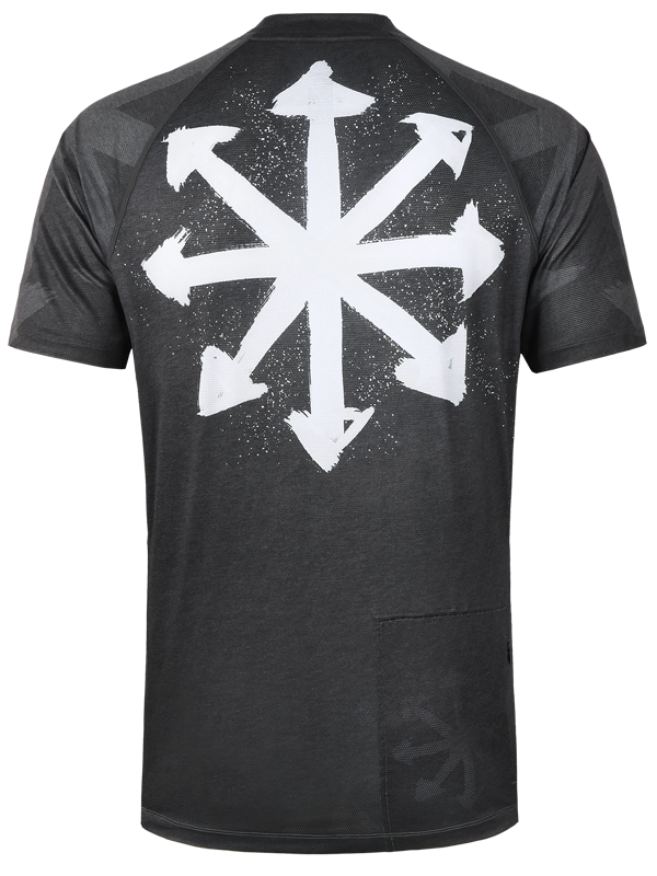 Black and gray short-sleeve MTB cycling jersey with arrow design on back