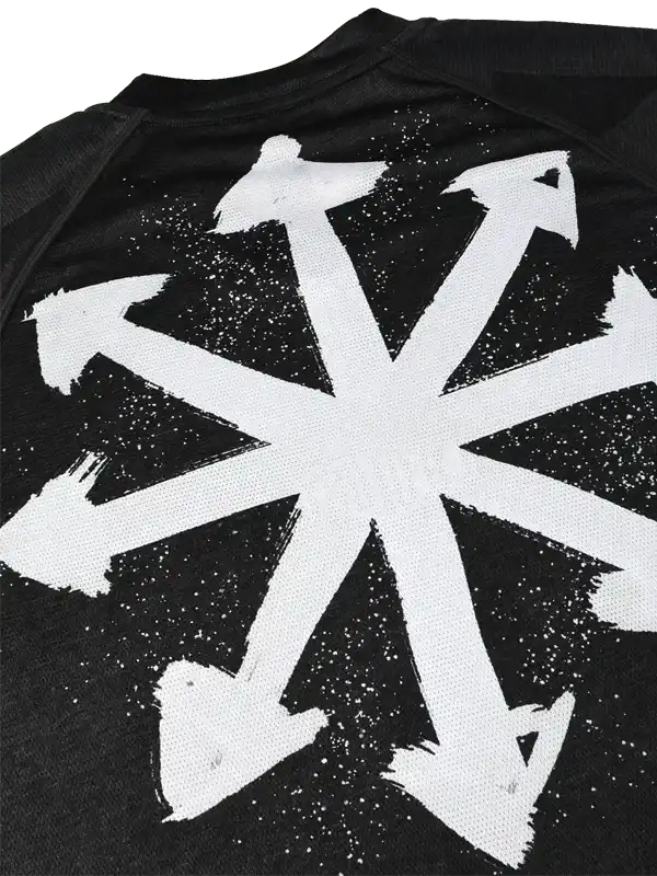 Black cycling jersey with bold white arrow graphic design, ideal for men's and women's bike rides