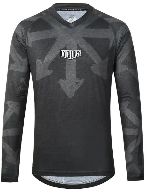 Men's long sleeve cycling jersey with arrow pattern and V-neck, ideal for road biking and mountain trails.