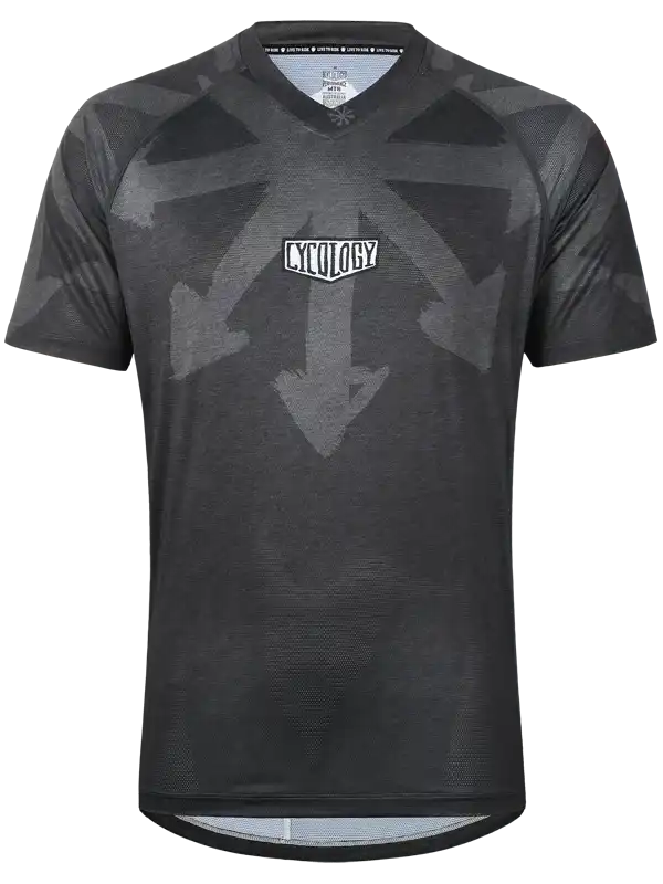 Men's black cycling jersey with arrow pattern and Cycology logo, breathable fabric for performance rides
