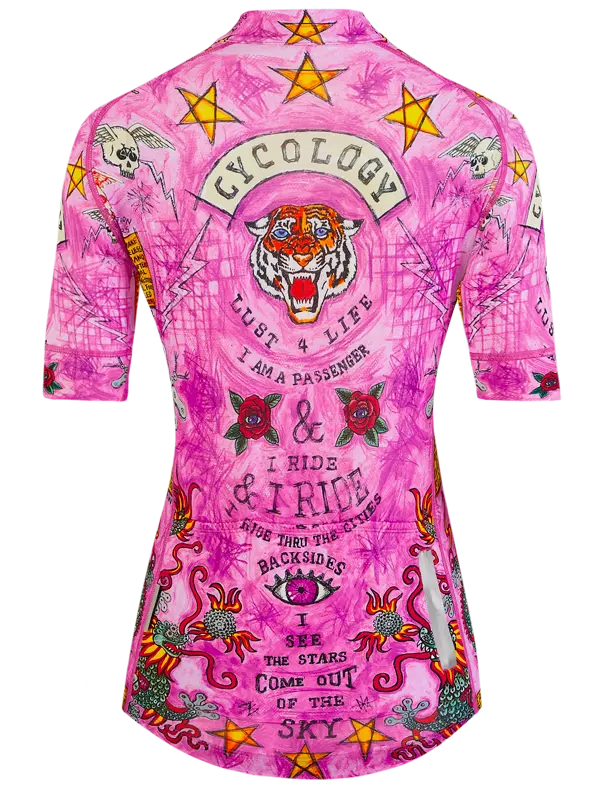 Pink cycling jersey with colorful graphics and text on a white background