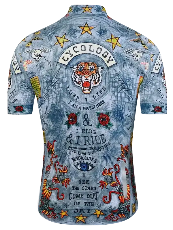 Men's cycling jersey with tiger, stars, and bold graphics for road bike rides