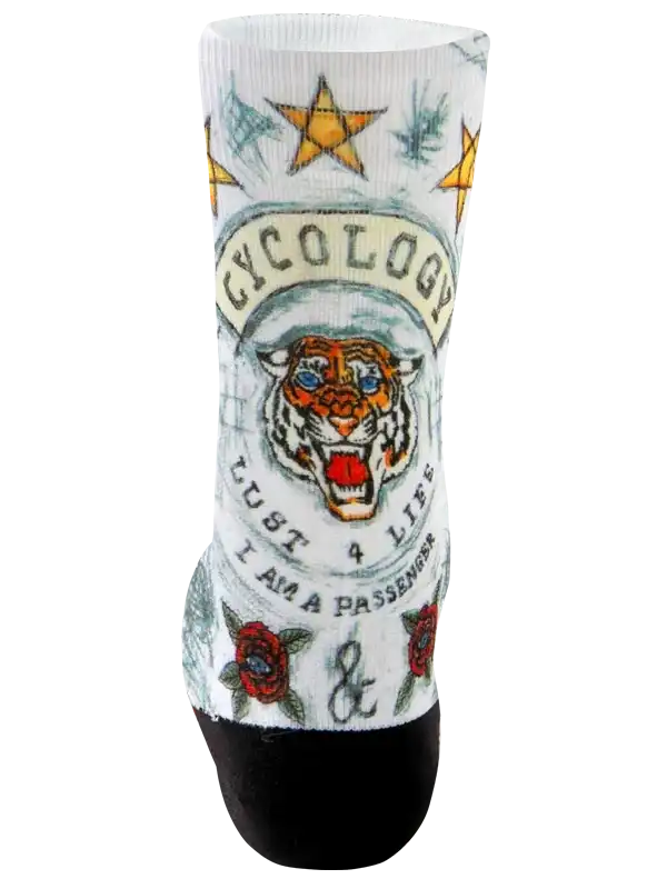 Cycling sock with tiger graphic, stars, roses, and 'Cycology' text, designed for bike riders.