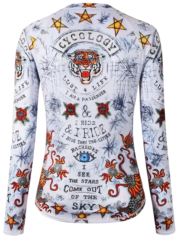 Women's long sleeve cycling jersey with tiger, stars, and roses graphic design for road biking