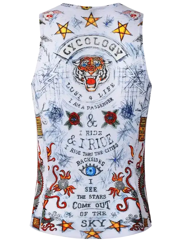 Men's cycling tank top with tiger, stars, and bold graphics for road bike rides