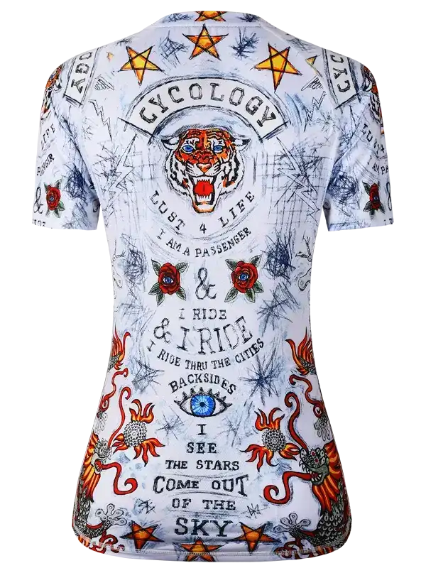 Women's cycling jersey with tiger, stars, and bold graphics for road or mountain biking