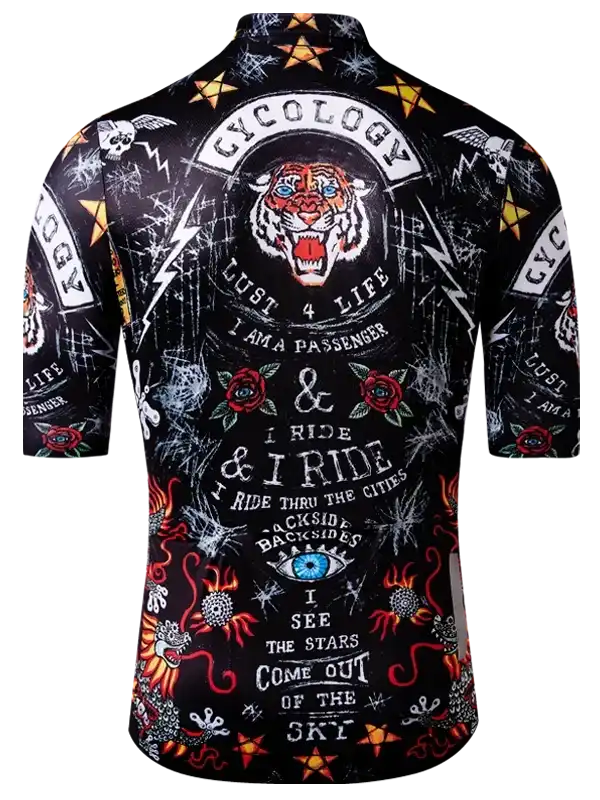Men's cycling jersey with bold tiger, roses, and edgy graphics for urban rides