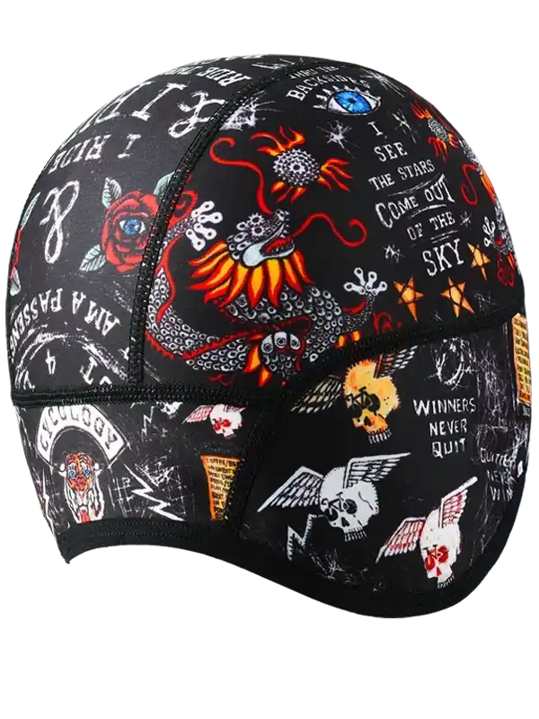 Black cycling cap with dragon, skulls, roses, and tattoo-style graphics for men and women