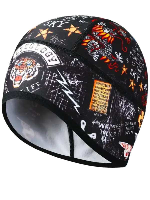 Cycling skull cap with bold tiger, dragon, and graffiti designs for men and women riders