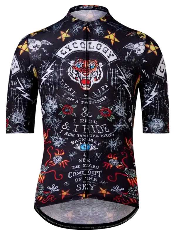 Men's cycling jersey with bold tiger, skulls, and lightning bolt design on black background