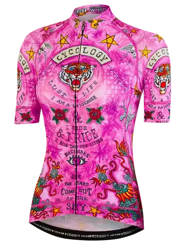 Pink women's cycling jersey with tiger, stars, and roses design for road bike rides