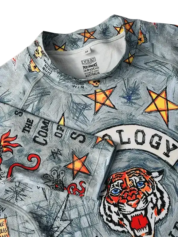 Men's cycling jersey with tiger graphic, stars, and bold print on gray fabric