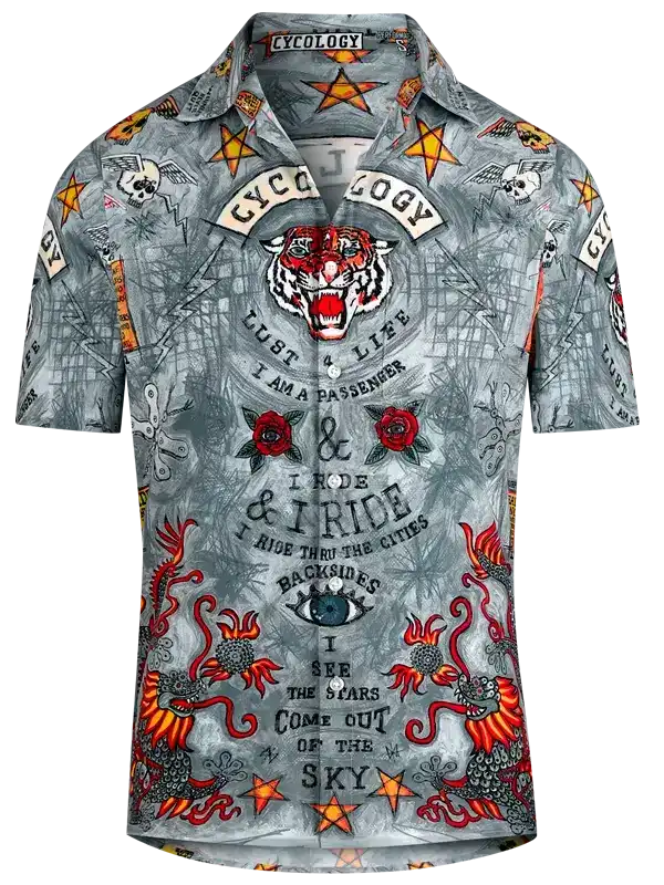 Men's cycling shirt with tiger, skulls, and stars print for urban riders